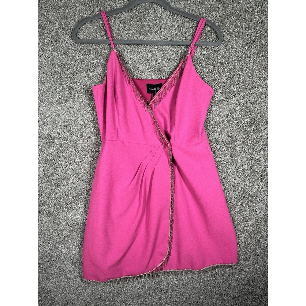 CAOS ID Pink Fringe Wrap NWT Mini Dress Beaded Trim‎ Spaghetti Strap Size  8/10
